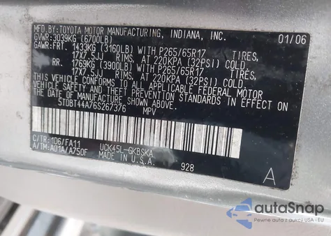 2006 Toyota Sequoia Sr5 V8 z USA, uszkodzony, nr VIN 5TDBT44A76S267376